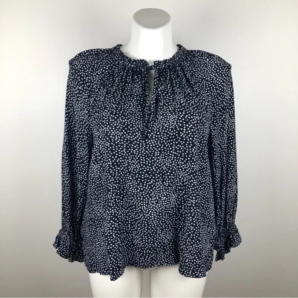LOFT Navy blue and White polka dot Puff Sleeve Blouse with Mandarin‎ Collar